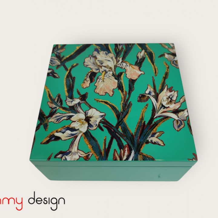 Green square lacquer box with gladiolus pattern 20*H9 cm 